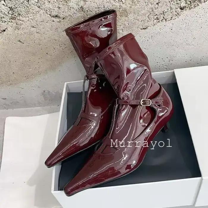 Bout pointu ceinture boucle conception bottes courtes femmes en cuir verni mince talons hauts cheville Botas automne