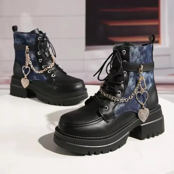 Bottes punk décontractées en cuir synthétique étanches avec talon carré pour femmes style de rue printemps automne