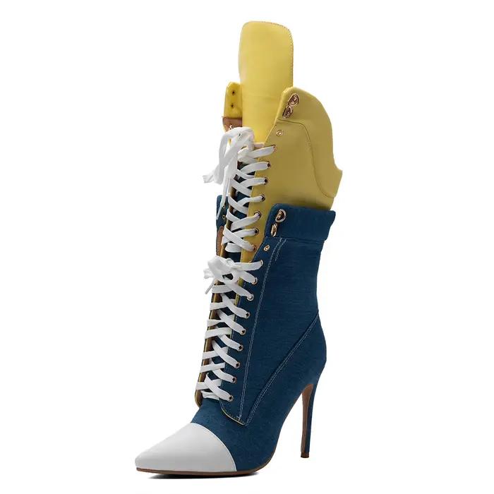 Bottines mi-mollet en jean color block à talon aiguille