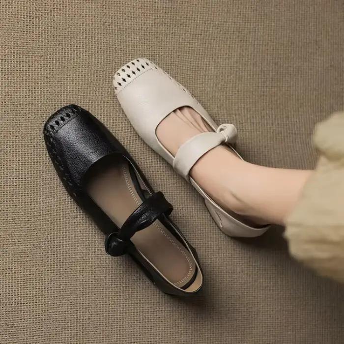 Chaussures Mary Jane pour femmes, plates, vintage, à bout carré, élégantes, ajourées, tressées, avec bride de cheville chic, décontractées d'été