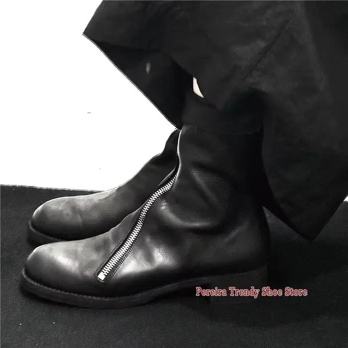 Bottes de Chevalier Rétro de Style Britannique pour Hommes et Femmes, Cuir Noir, Bout Rond, Fermeture Éclair Avant, Bottes de Moto, Chaussures Casual Tendance pour Couple