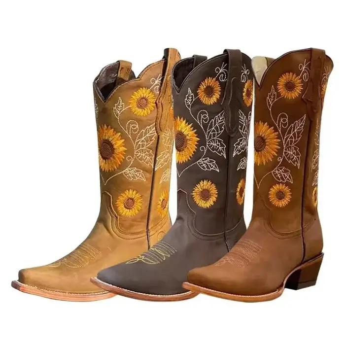 Nouvelles femmes café marron broderie bottes en cuir PU imprimé Western Cowboy