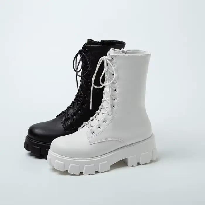 Bottes mi-mollet style anglais pour femme, plateforme, grande taille, printemps-automne