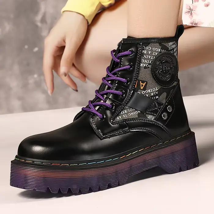 Bottines chaudes en cuir véritable punk hiver talons carrés cheville plateforme femme occasions spéciales