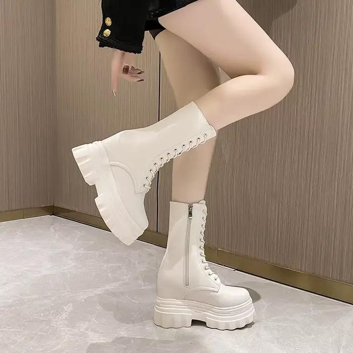 Bottes mi-mollet à plateforme épaisse de 9.5cm pour femme, bottes de moto à fond épais, antidérapantes, en cuir, nouvelle collection automne-hiver