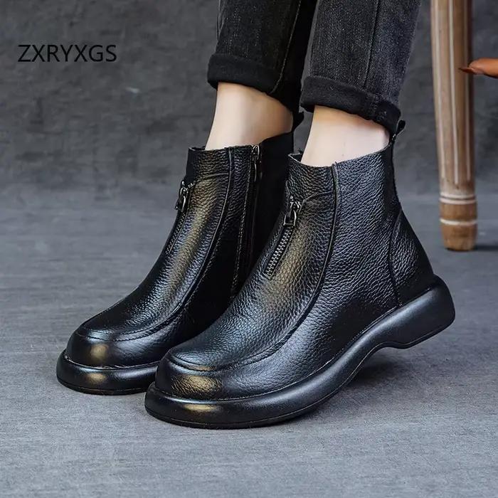Bottes courtes en cuir véritable ZXRYXGS style camouflage talon plat semelle souple pour femmes printemps automne occassions spéciales