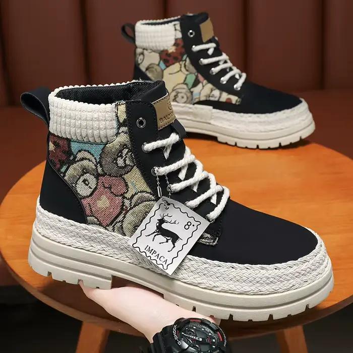 Bottes montantes, bottes de travail en paille à semelle épaisse, bottes décontractées tendance avec revers tricotés, bottes polyvalentes rehaussantes de style britannique pour les trajets en extérieur