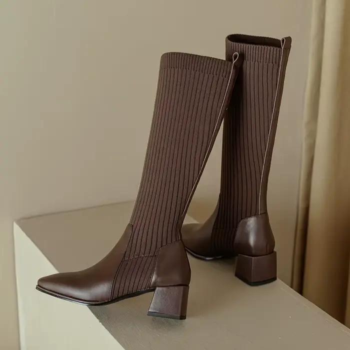 Bottes longues en tricot pour femmes, style rétro haute qualité, sans lacets, confortable et élégant pour les occasions spéciales