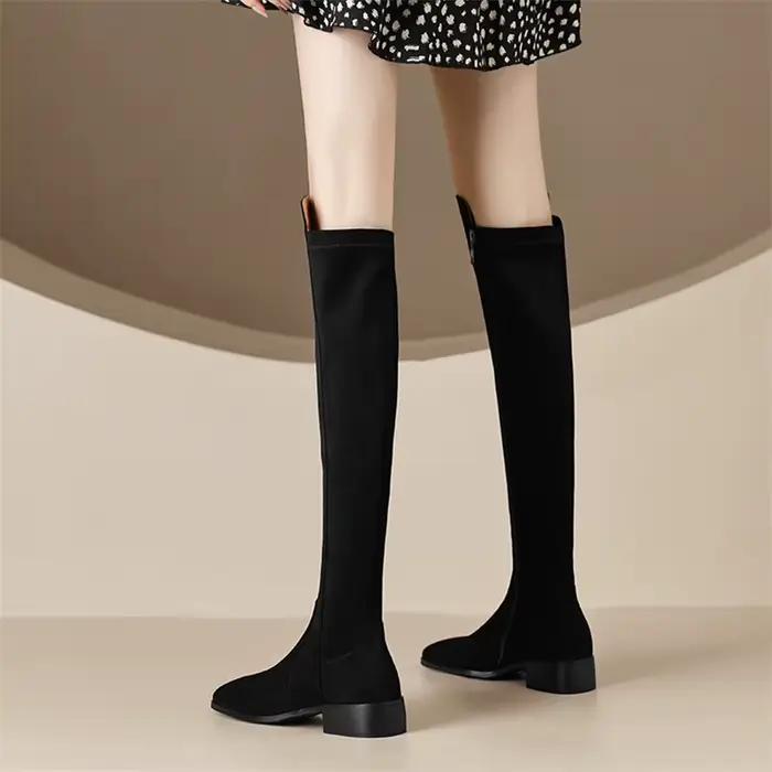 Meotina-Bottes hautes en cuir véritable pour femme, chaussures plates carrées, avec fermeture éclair, style décontracté, à la mode, collection automne hiver, 40