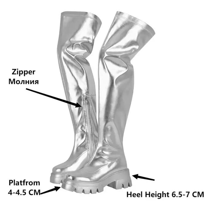 DALTol- Bottes Argentées au Dessus du Genou pour Femme, Fermeture Éclair Latérale, Mode d'Hiver