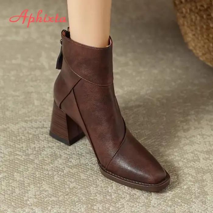 Aphixta luxe en cuir femmes bottines dos fermeture éclair fermer bottes modernes talons hauts chaussures femme bateaux botines para mujeres