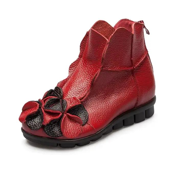 Chaussures en cuir véritable fabriquées à la main pour femmes, bottes Vintage à talons épais avec fermeture éclair au dos, bottes courtes florales à la mode, chaussures de Cosplay 2025