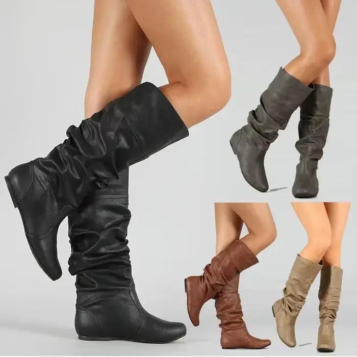Bottes en cuir mode plissé pour femmes, élégantes et confortables, idéales pour l'hiver, avec des franges et disponible en plusieurs couleurs et tailles