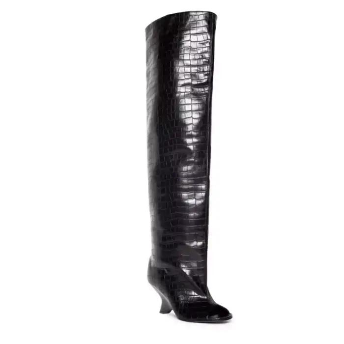 2024 Bottes à bout ouvert pour femmes euro-américaines à mollet large et cuissardes - Chaussures chics équestres en daim gaufré croco et talon abstrait