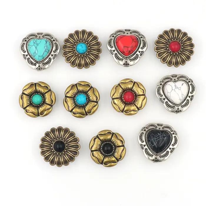 1 pièce Breloque de chaussure en métal argenté en forme de cœur turquoise, décorations pour Crocs, fleurs dorées, accessoires pour sandales, style punk, cadeau