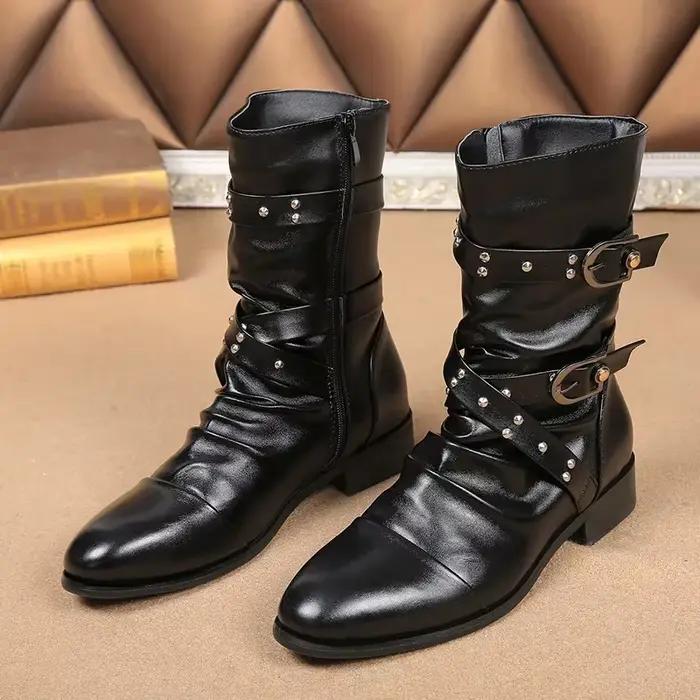 Bottes de motard UXST style britannique pour homme bottes punk rock mi-mollet à talons bas pour printemps automne ocassions spéciales