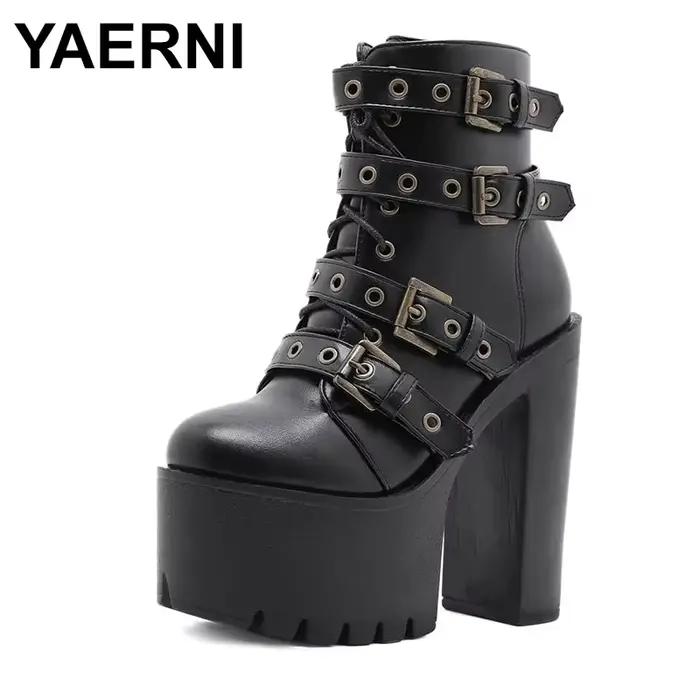 Bottes de rinçage à plateforme zippée pour femmes, talons hauts, tête ronde, cuir noir, clouté gothique, New Rock Skip Punk, chaussures pour femmes, offre