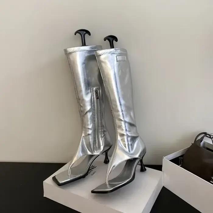Bottes hautes argentées à bout ouvert pour femmes, bottines modernes à talons bas et fins, fermeture éclair latérale, escarpins de fête de printemps, sandales
