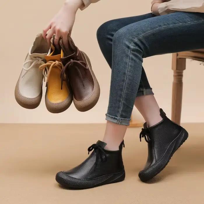 Chaussures en cuir véritable pour femmes, bottines douces rétro de marque, bottes à la mode pour dames, grande taille 41 D598, automne et début d'hiver