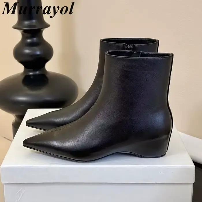 Femmes talon épais bottes courtes en cuir véritable bout pointu fermeture éclair conception cheville Botas dames