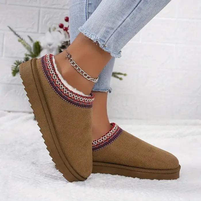 Bottes de neige tissées à fond épais et chaud pour femme, pantoufles d'hiver doublées en polaire, pantoufles confortables en coton, Style ethnique, grande taille