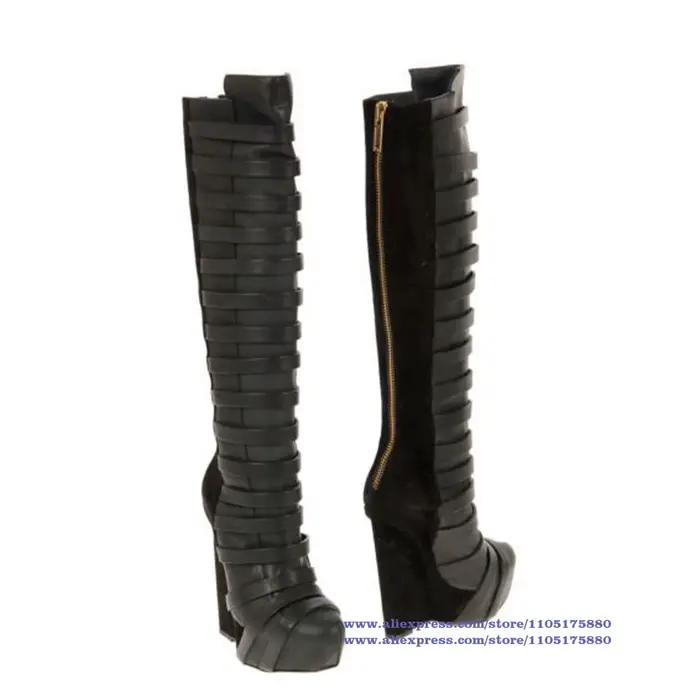 Multi sangles plate-forme compensée genou bottes hautes fermeture éclair arrière