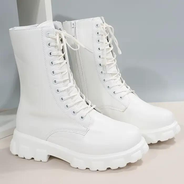 Bottes à plateforme confortables de couleur unie pour femmes, bottes à fermeture éclair latérale à lacets à la mode avec un Design confortable