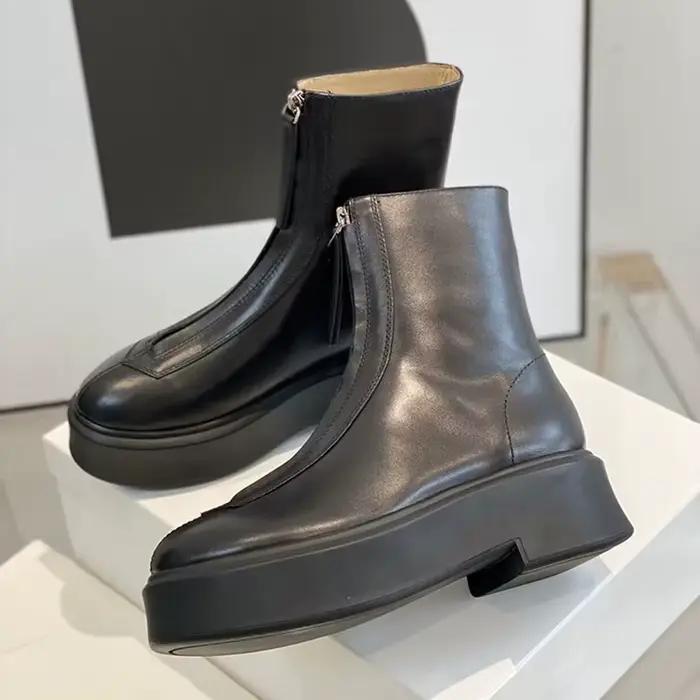 Nouvelles femmes avant fermeture éclair conception cheville Botas vache daim semelle épaisse couleur unie bottes