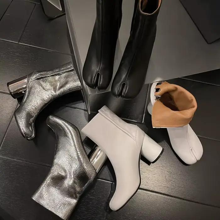 Bottines Tabi de luxe pour femme 2026 en cuir véritable à bout fendu, talon bloc épais, chaussures de soirée mode automne-hiver