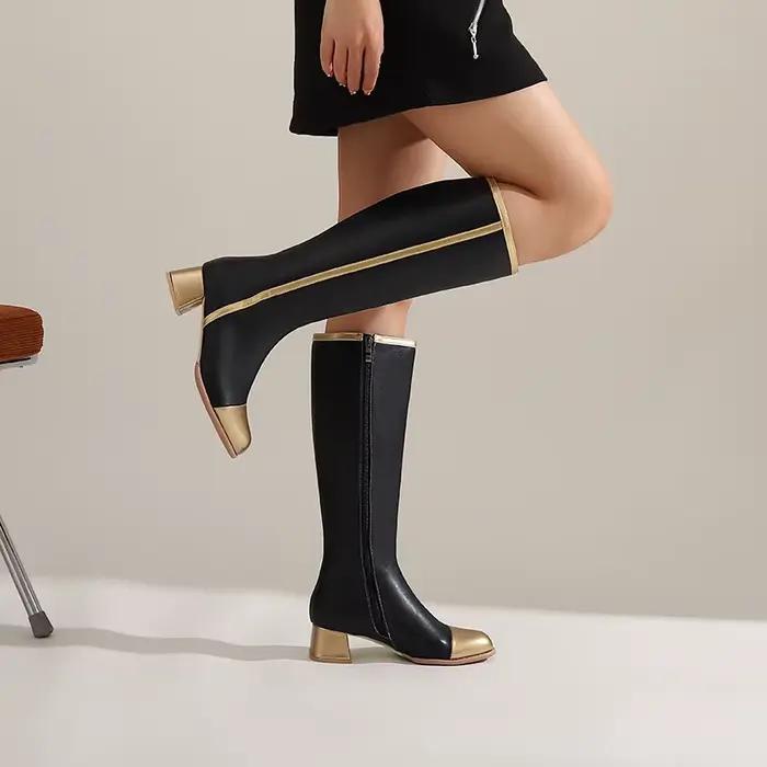 Bottes longues pour femmes pour l'automne et l'hiver, talons hauts, longueur mi-mollet, noir et blanc, bout rond, talon épais, bottes d'équitation amincissantes, élégantes, grande taille 52, vente en 