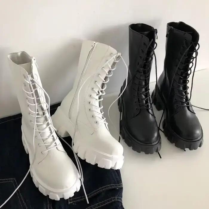 Bottes à plateforme confortables de couleur unie pour femmes, bottes à fermeture éclair latérale à lacets à la mode avec un Design confortable