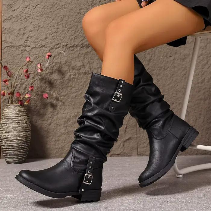 Bottes mi-mollet vintage pour femme, noires, bout rond, talon bas, tige plissée, semelle plate antidérapante, style décontracté automne-hiver, bottes de motard western, tendance