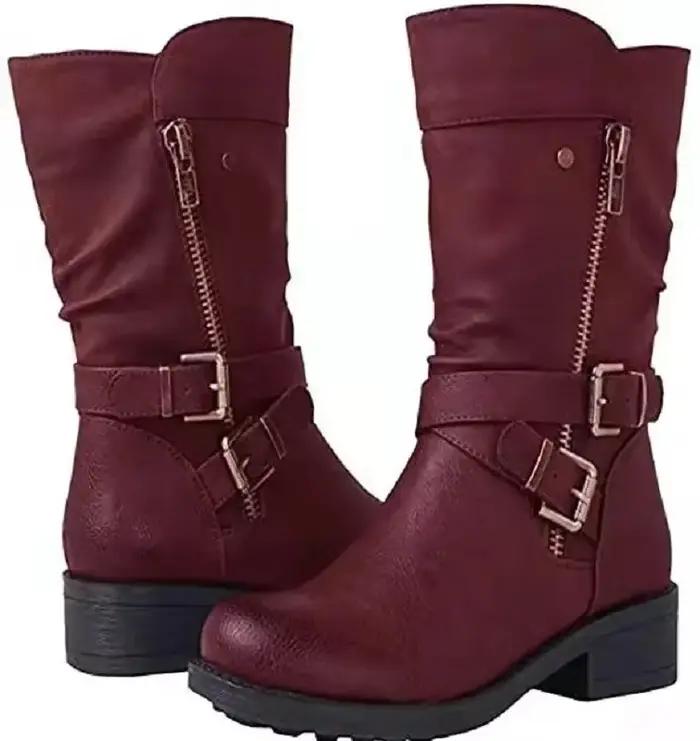Chaussures femmes bottes en cuir rétro boucle De ceinture mi-mollet bottes bout rond 2023 nouvelles bottes décontractées imperméables femmes Botas De Mujer