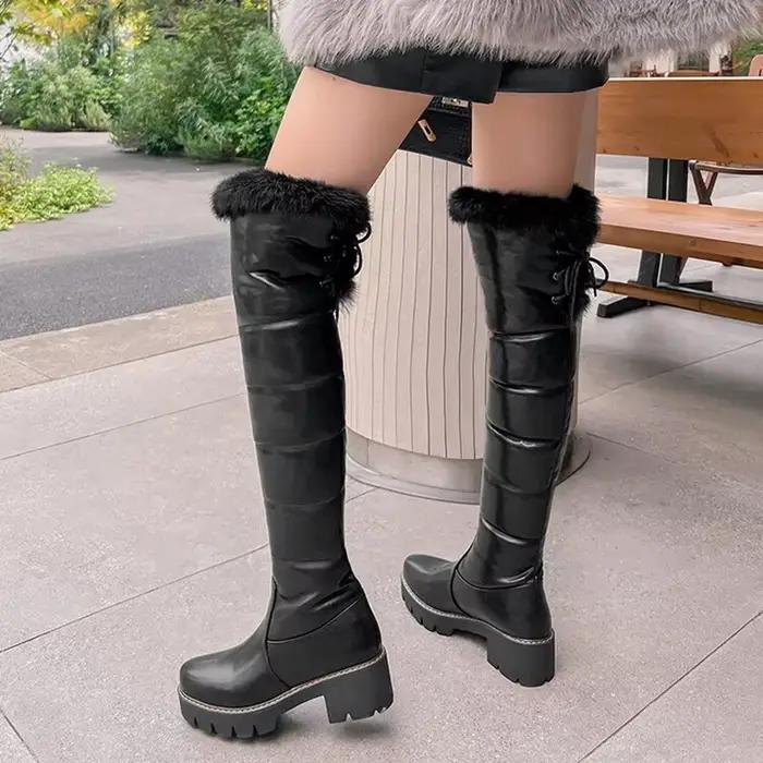 Cuissardes hautes femmes mode hiver chaud en peluche bout rond talons hauts robe de soirée dames noir marron longues plate-forme bottes 81-9