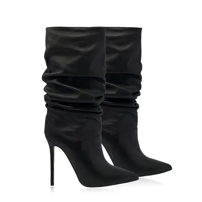 2025 mode bout pointu plissé talon aiguille genou bottes hautes extensible grande taille femmes bottes habillées pour bureau et soirée