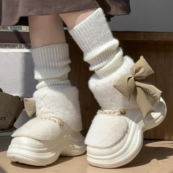 Bottes de neige LORGL en fourrure douce avec grand papillon pour femmes, style coréen, talon plat, bottes chaudes et antidérapantes pour hiver et activités quotidiennes