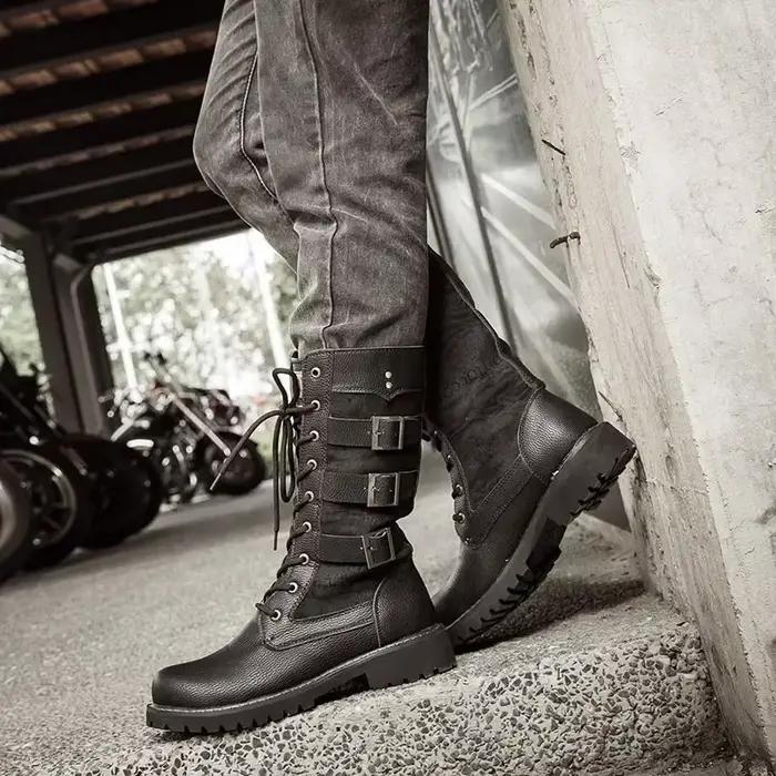 Bottes de moto mi-carf en cuir pour hommes
