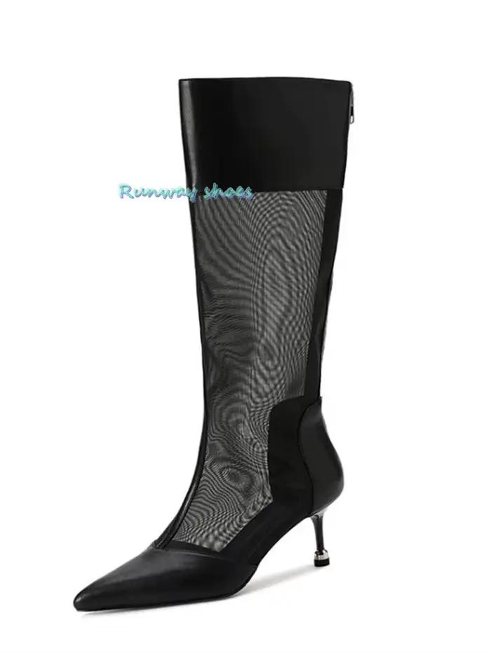 Bottes en maille fine à bout pointu pour femmes, bottes larges à la mode, talons hauts non conventionnels, bottes de luxe d'été pour femmes
