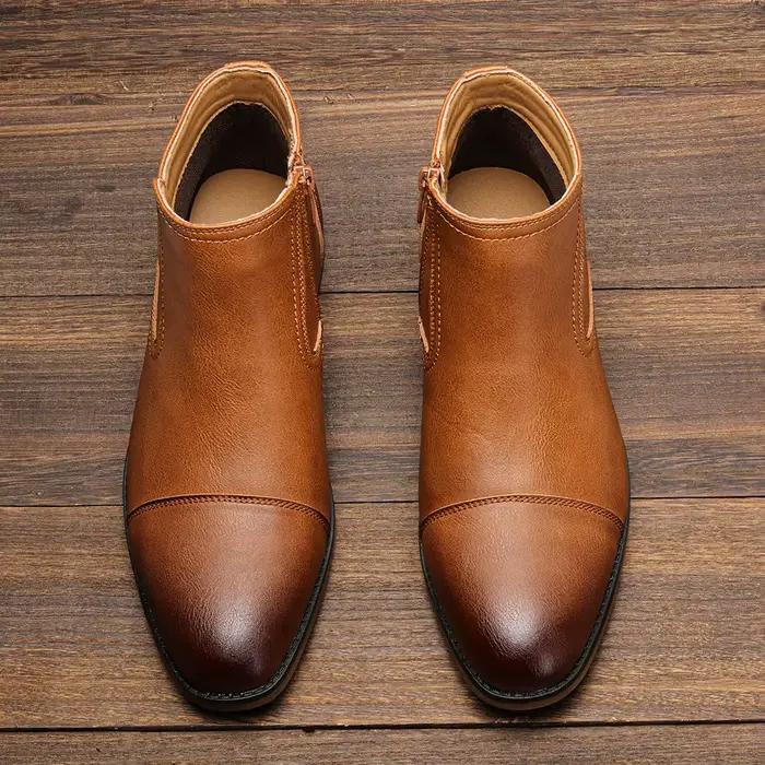 Bottines confortables en cuir artificiel pour hommes, bottes rétro, hecrafted, printemps automne, cheville, talon bas, bout rond, lacets, couture visible, semelle en caoutchouc et EVA, gris, gris foncé, chameau