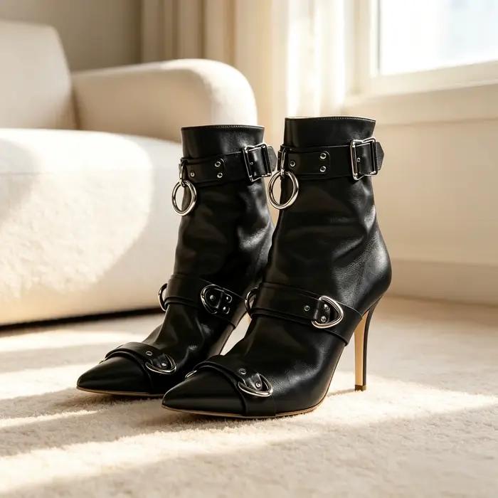 Bottines à talon aiguille pour femme, en cuir noir naturel froissé, à bout pointu, avec plusieurs sangles et boucles, talon anneau, style urbain décontracté