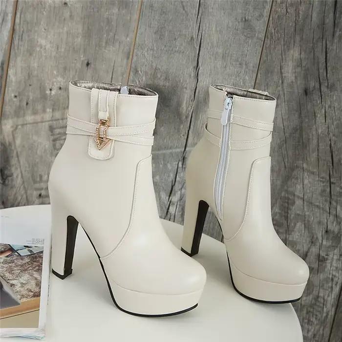 Bottines blanches à plateforme pour femmes, chaussures à talons hauts avec boucle, jaune et noir, bottes courtes pour dames, grande taille 50, automne hiver