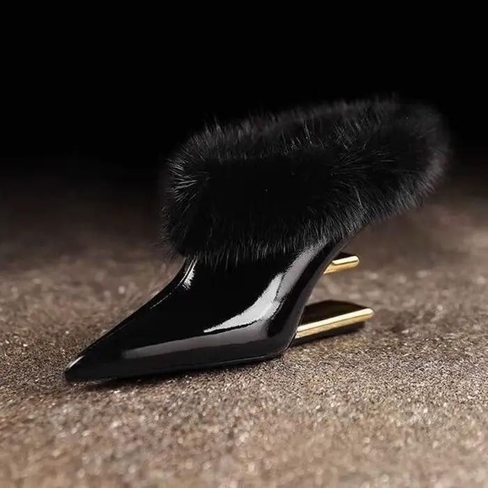 Nouvelles mules pour femmes, bottines à talon haut, chaussures d'hiver fourrées, pantoufles à bout pointu, chaussures compensées à enfiler