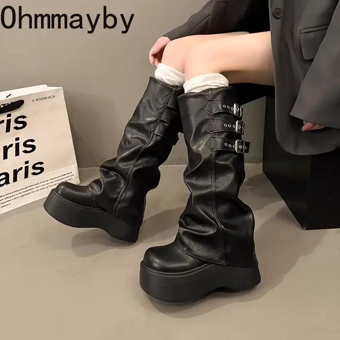 Style Punk femmes bottes longues modernes mode plate-forme hauteur augmenter haute chevalier chaussons chaussures d'hiver Zapatos De Mujer
