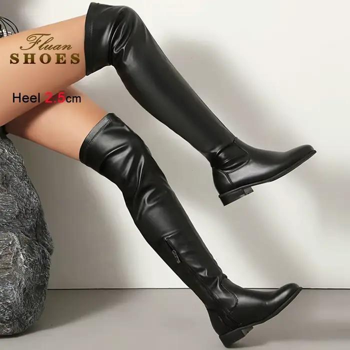 2025 automne hiver bottes extensibles femmes chaussures bout rond talon grossier sur le genou