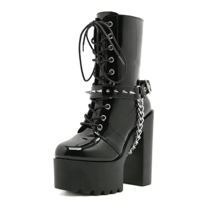 Gdgydh Halloween Punk plate-forme bottes pour femmes avec sangles croisées chaînes Rivets bottes à talons hauts pour boîtes de nuit et étapes