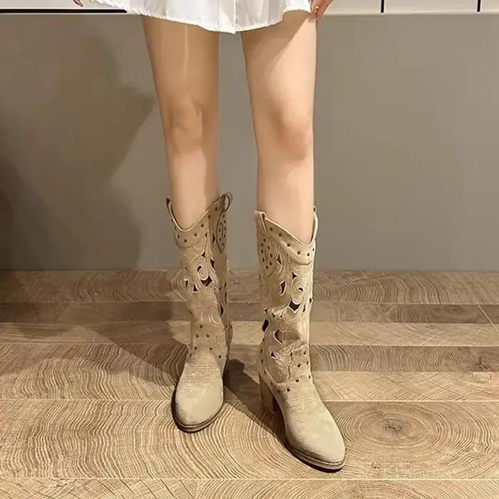 Bottes occidentales Vintage brodées creuses pour femmes, bottes de Cowboy hautes à talons épais, en cuir Pu, bottines de chevalier, automne 2025