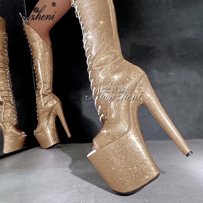 Bottes au-dessus du genou Divafoxi en paillettes violettes pour femmes, talons fins, style sexy, bottes de danse, bottes pour soirées et performances