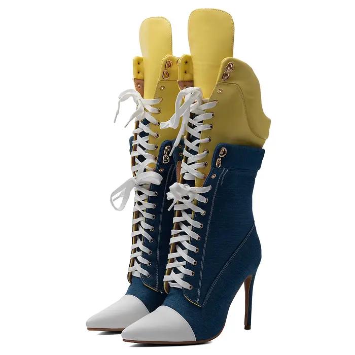 Bottines mi-mollet en jean color block à talon aiguille