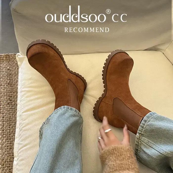 Ods femmes vache daim plate-forme bottes bout rond talon épais
