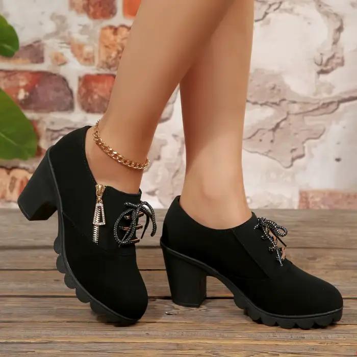 Bottes décontractées à talon aiguille grande taille pour femme, à fermeture éclair latérale, bout rond, chaussures basses pour le travail
